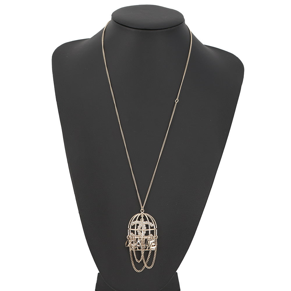CHANEL Birdcage necklace CC Logo Gold Metal Rhinestone