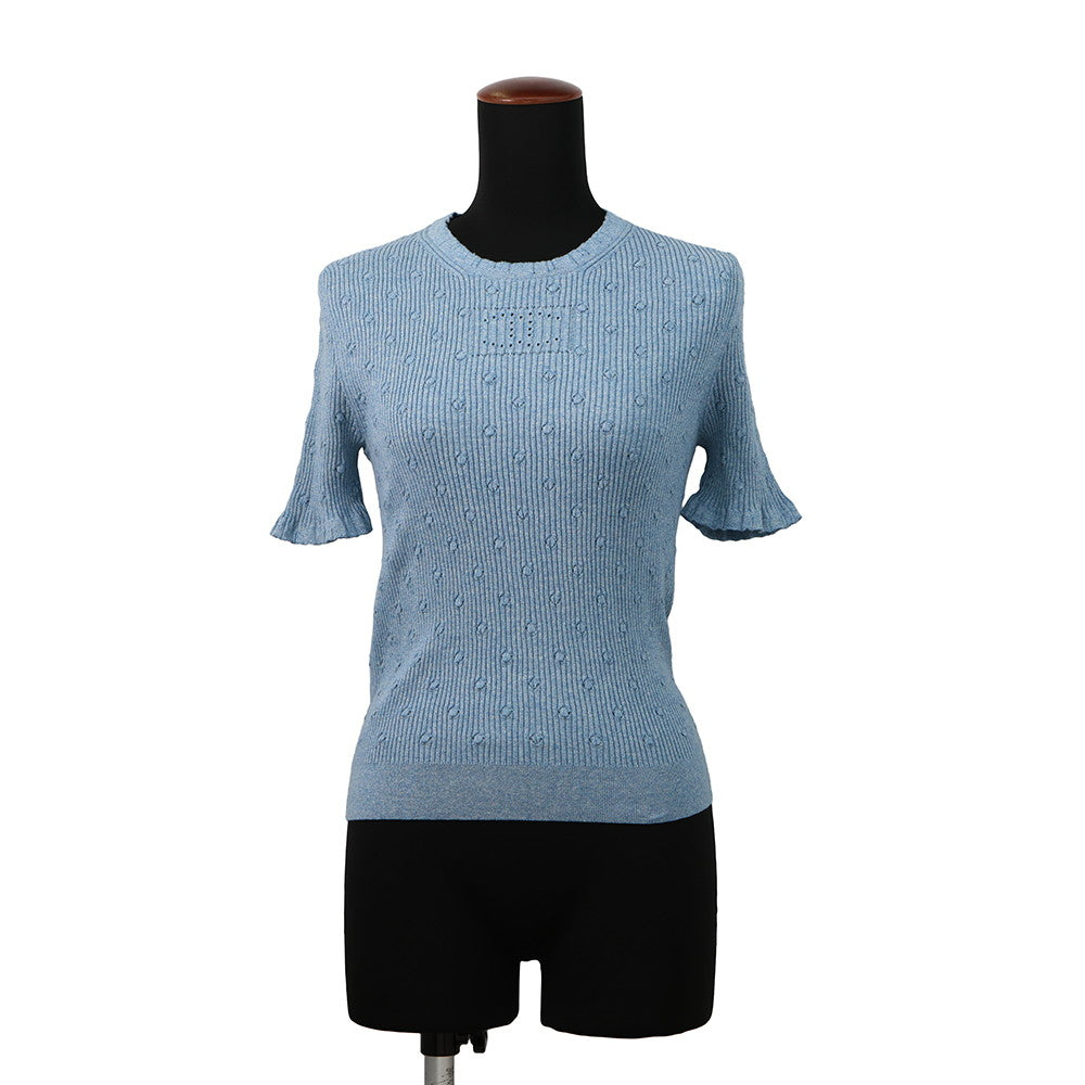 CHANEL CC Logo Short-Sleeve Ribbed Knit Sweater Size 38 BlueP79244 Cotton 98% Polyamide 1% Polyurethane 1%