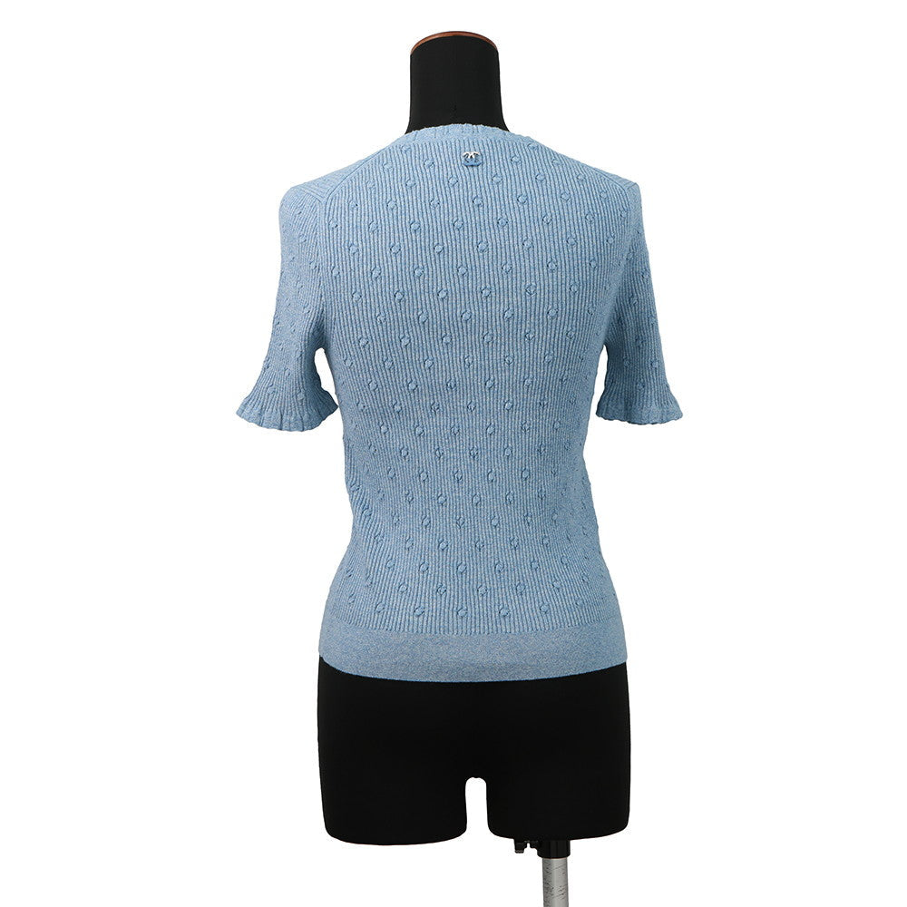 CHANEL CC Logo Short-Sleeve Ribbed Knit Sweater Size 38 BlueP79244 Cotton 98% Polyamide 1% Polyurethane 1%