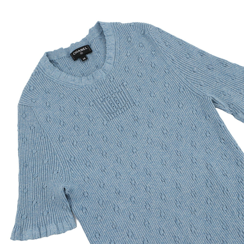 CHANEL CC Logo Short-Sleeve Ribbed Knit Sweater Size 38 BlueP79244 Cotton 98% Polyamide 1% Polyurethane 1%