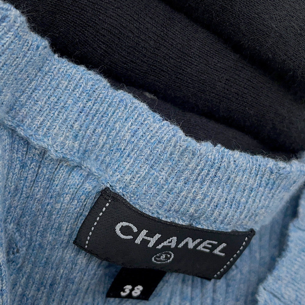 CHANEL CC Logo Short-Sleeve Ribbed Knit Sweater Size 38 BlueP79244 Cotton 98% Polyamide 1% Polyurethane 1%