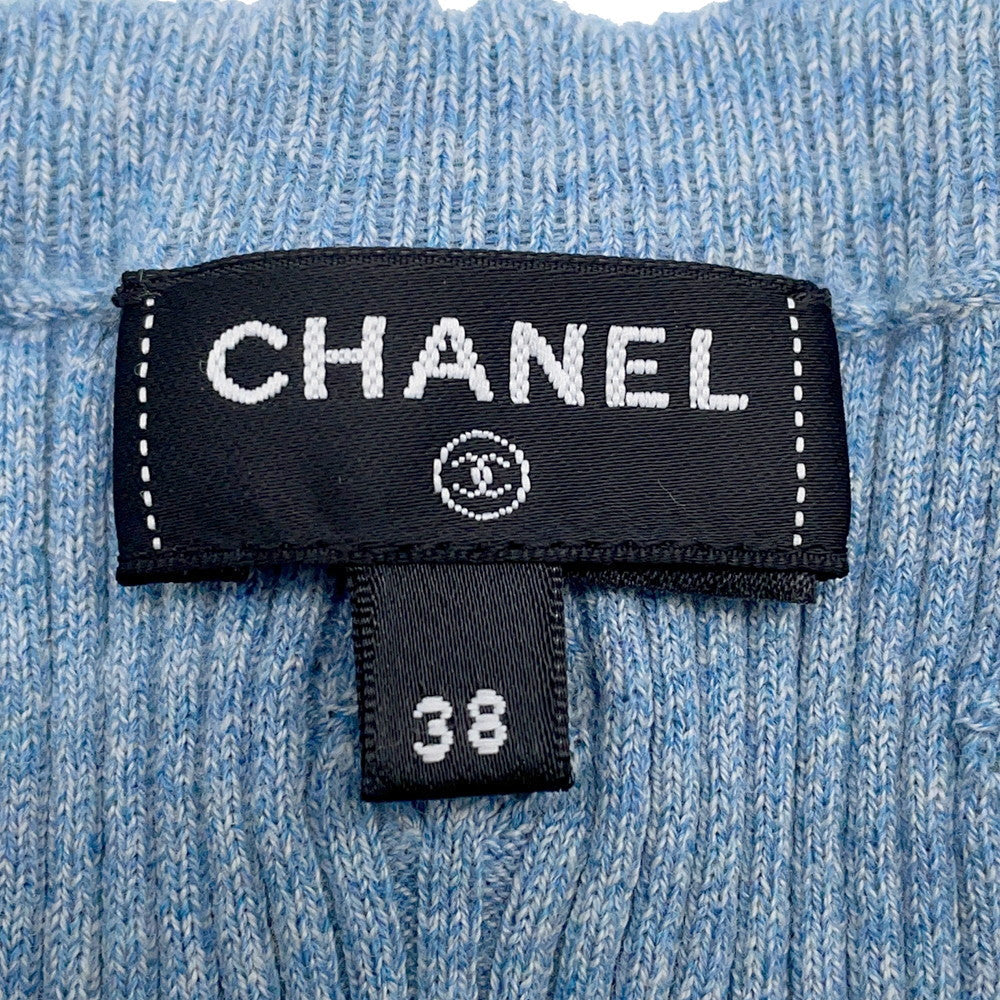 CHANEL CC Logo Short-Sleeve Ribbed Knit Sweater Size 38 BlueP79244 Cotton 98% Polyamide 1% Polyurethane 1%