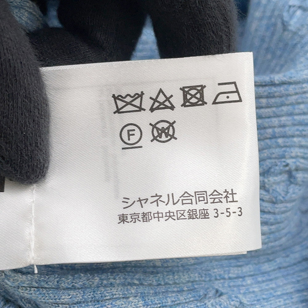 CHANEL CC Logo Short-Sleeve Ribbed Knit Sweater Size 38 BlueP79244 Cotton 98% Polyamide 1% Polyurethane 1%