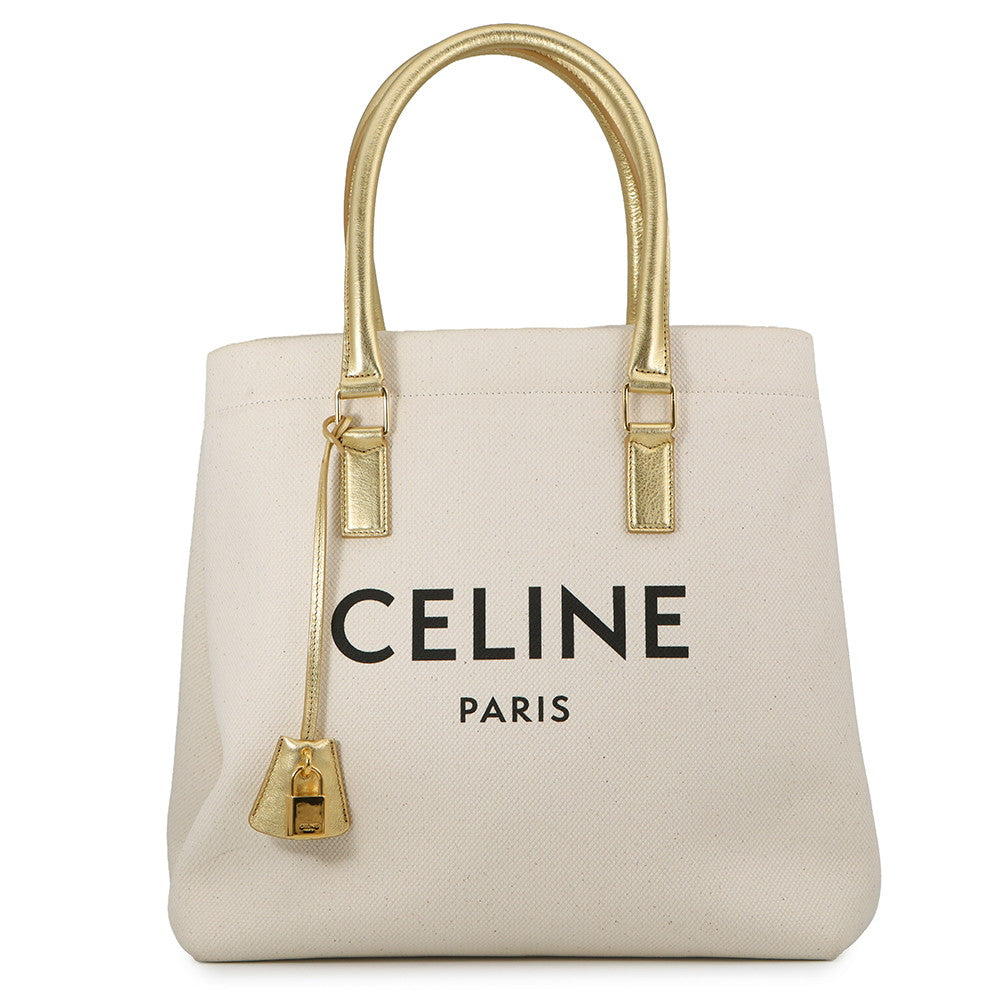 CELINE Horizontal Cabas Tote Bag Gold/Ivory192162 Leather Canvas