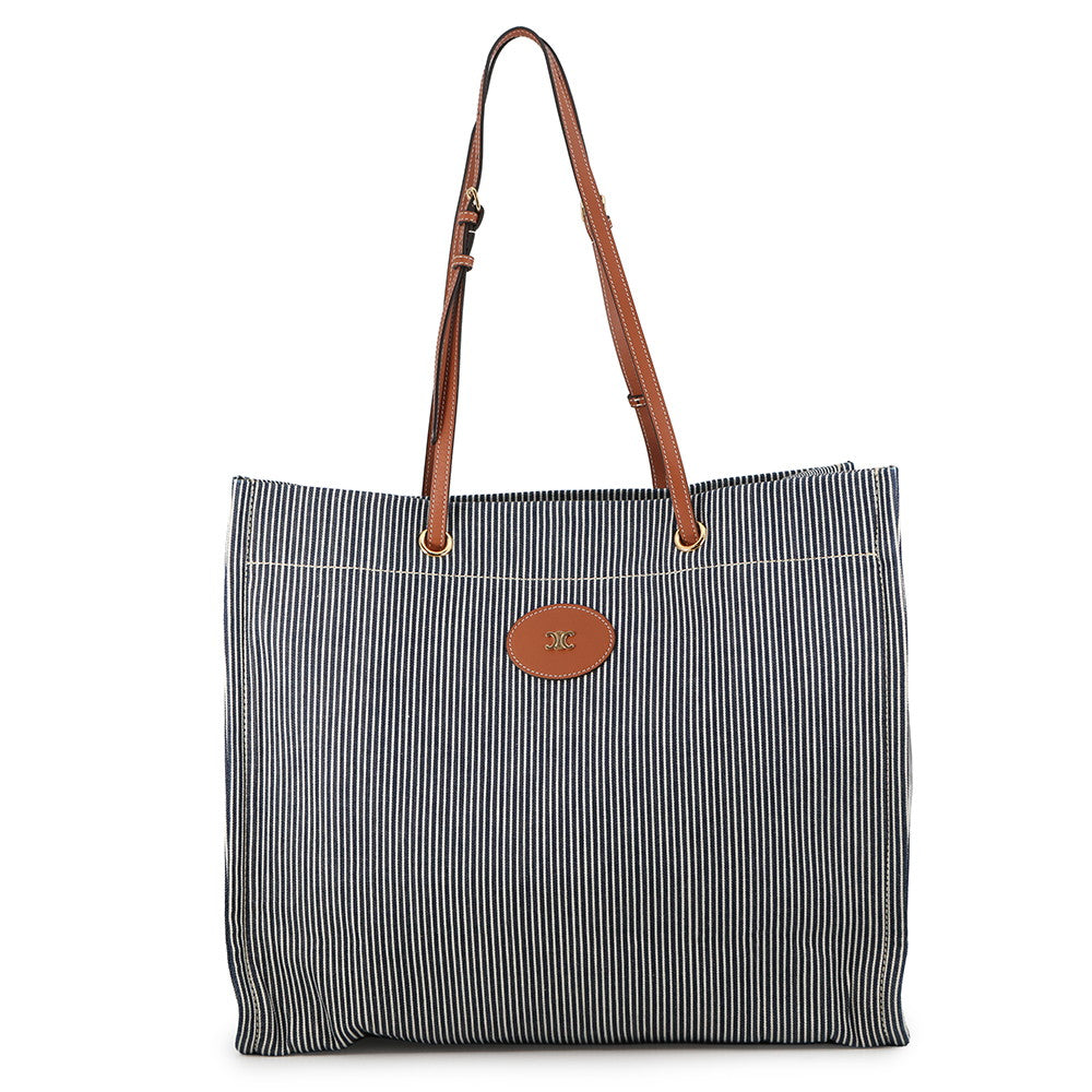 CELINE Square Cabas Stripe Tote Bag Navy/Tan192802CHD.07AT Canvas Calf Leather