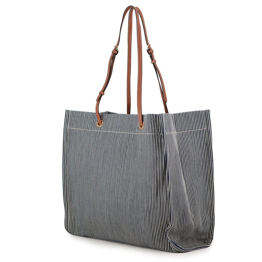 CELINE Square Cabas Stripe Tote Bag Navy/Tan192802CHD.07AT Canvas Calf Leather
