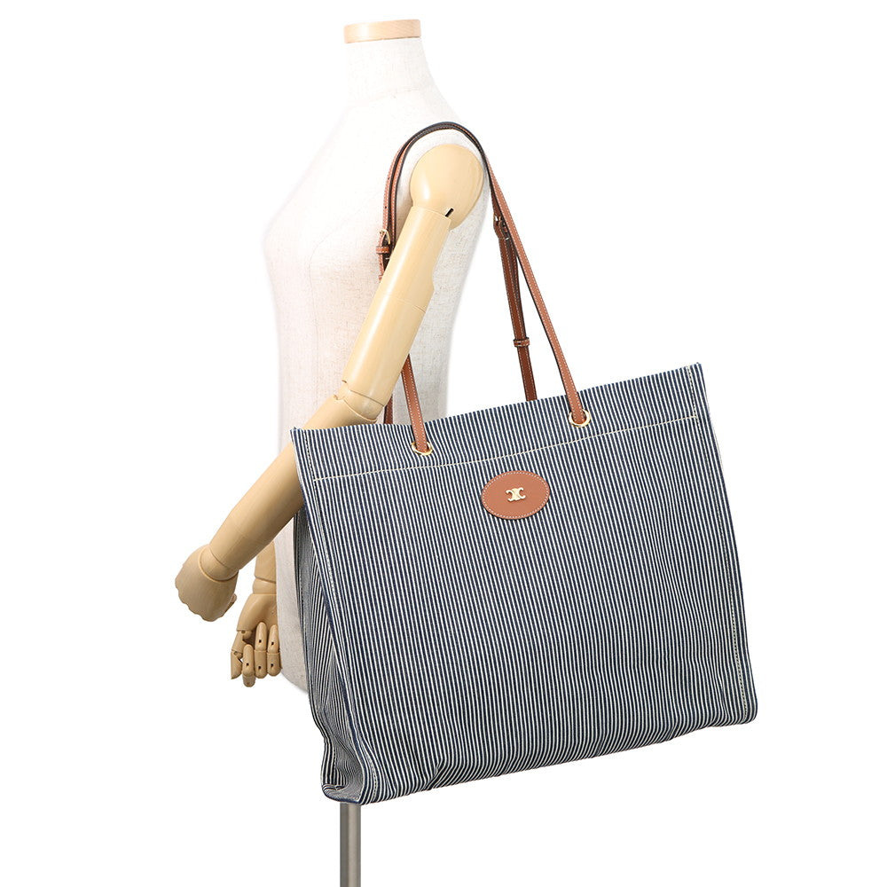 CELINE Square Cabas Stripe Tote Bag Navy/Tan192802CHD.07AT Canvas Calf Leather