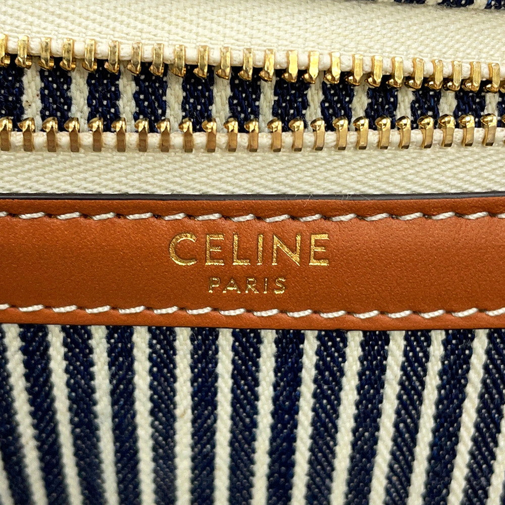 CELINE Square Cabas Stripe Tote Bag Navy/Tan192802CHD.07AT Canvas Calf Leather