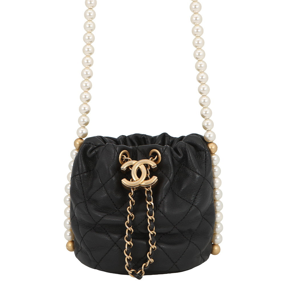 CHANEL Faux Pearl Drawstring Bag Shoulder Bag BlackAS2529 Lambskin