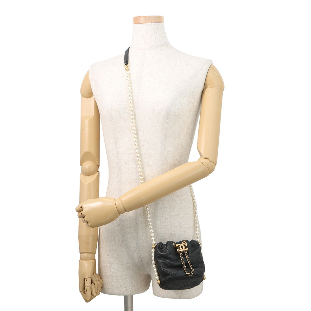CHANEL Faux Pearl Drawstring Bag Shoulder Bag BlackAS2529 Lambskin