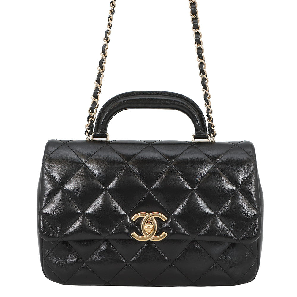 CHANEL Top Handle Matelasse Chain Bag BlackAS4544 B14863 94305 Shiny Calf Leather