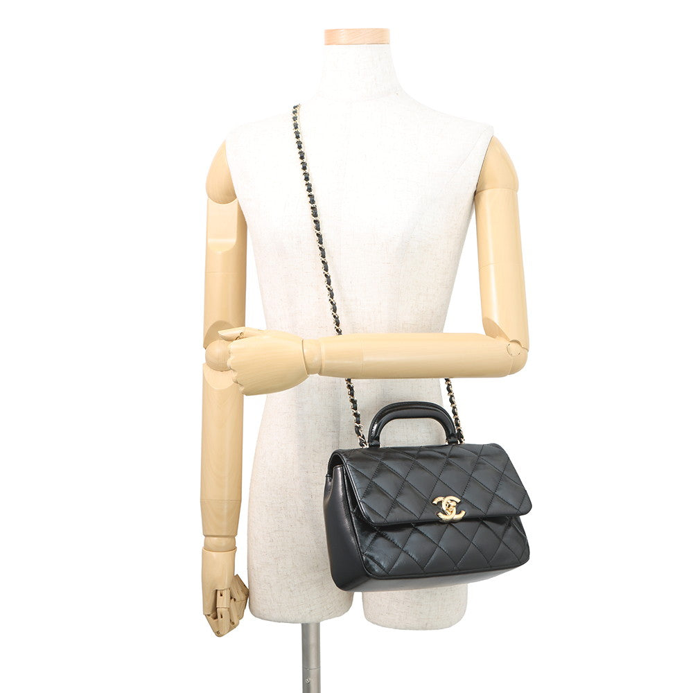 CHANEL Top Handle Matelasse Chain Bag BlackAS4544 B14863 94305 Shiny Calf Leather