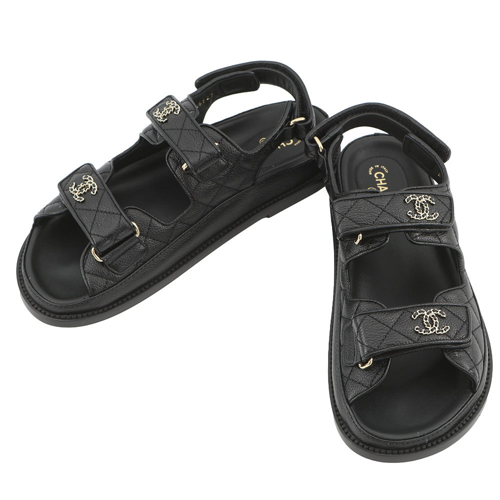 CHANEL CC Logo Matelasse Sandals BlackG35927 Leather Size 38 C