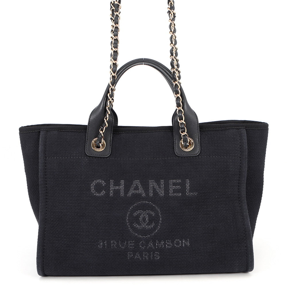 CHANEL Deauville Chain Tote BlackAS3257 Canvas Leather Size Small
