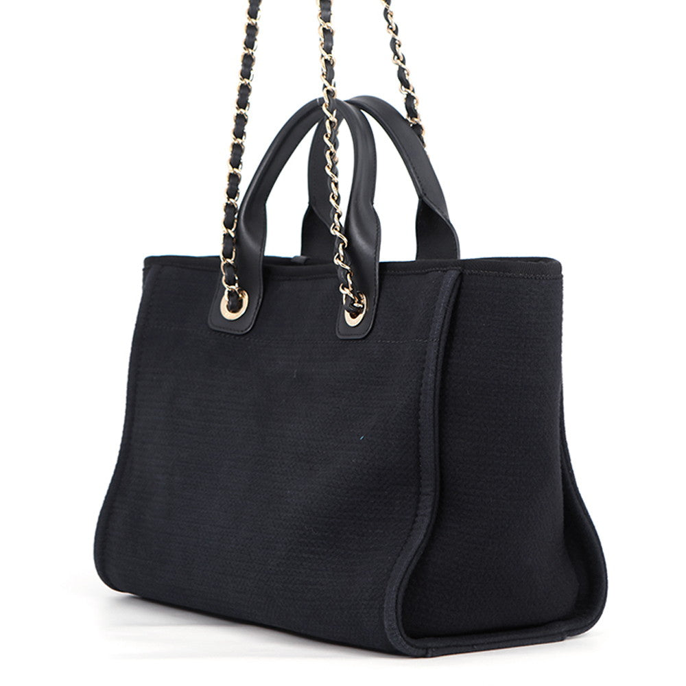 CHANEL Deauville Chain Tote BlackAS3257 Canvas Leather Size Small