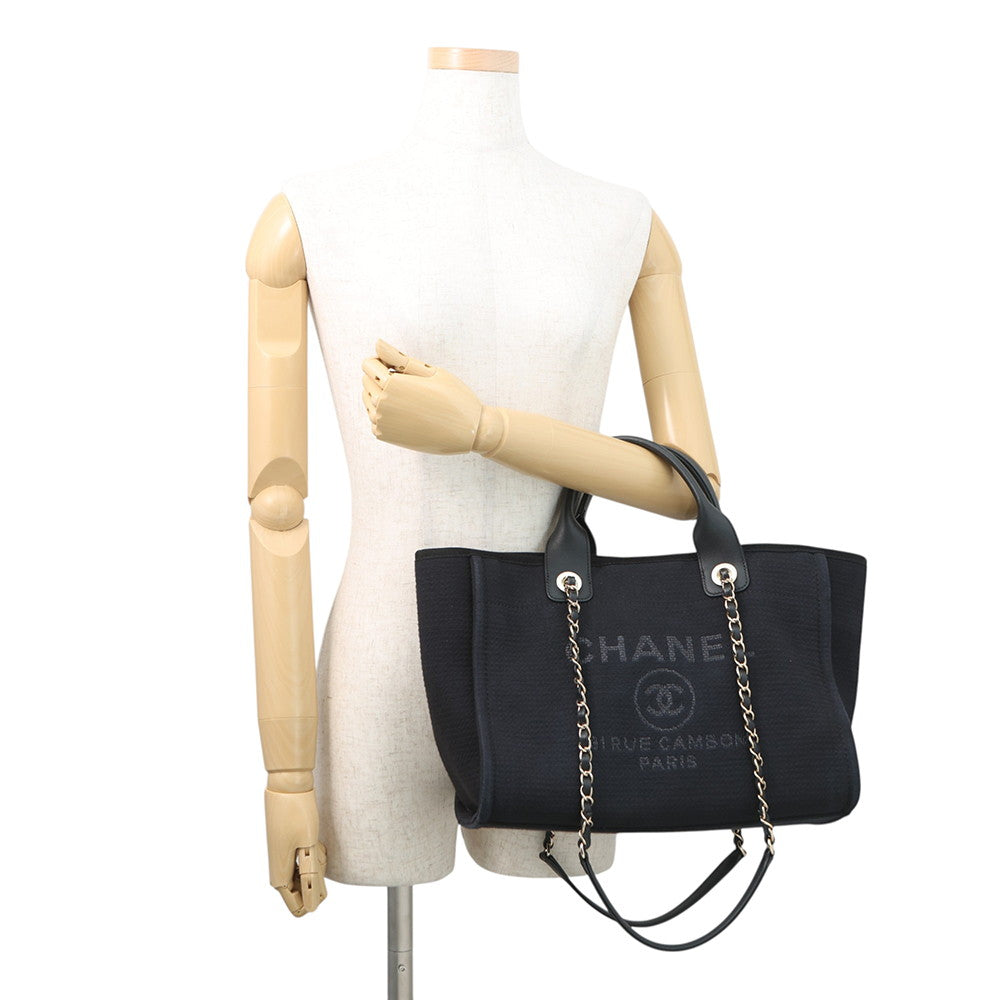 CHANEL Deauville Chain Tote BlackAS3257 Canvas Leather Size Small