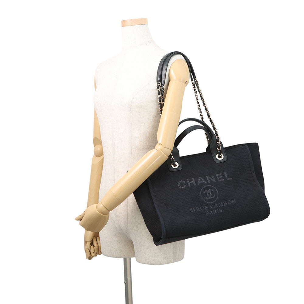 CHANEL Deauville Chain Tote BlackAS3257 Canvas Leather Size Small
