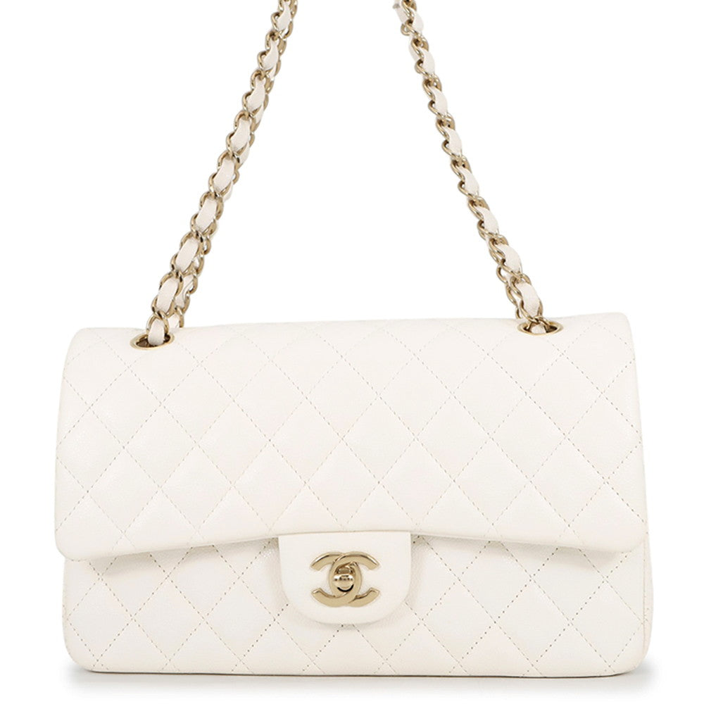 CHANEL Matelasse Double Flap Chain Shoulder Bag WhiteA01112 Caviar Leather Size 25