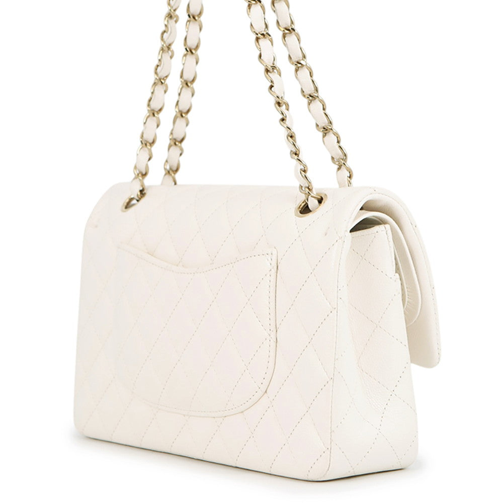 CHANEL Matelasse Double Flap Chain Shoulder Bag WhiteA01112 Caviar Leather Size 25
