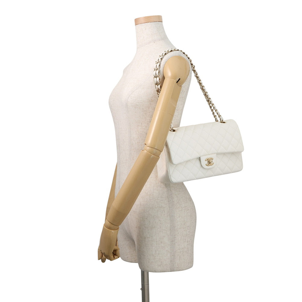 CHANEL Matelasse Double Flap Chain Shoulder Bag WhiteA01112 Caviar Leather Size 25