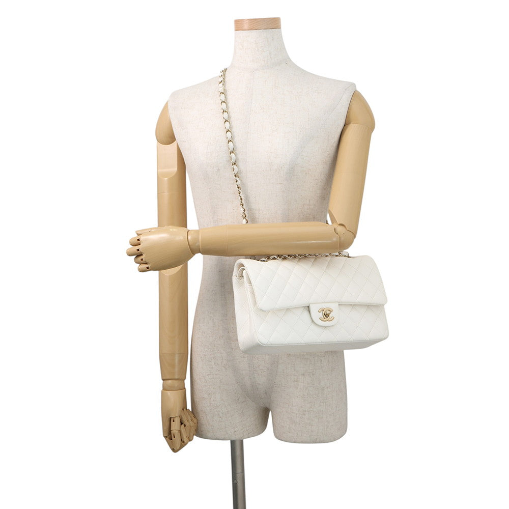 CHANEL Matelasse Double Flap Chain Shoulder Bag WhiteA01112 Caviar Leather Size 25