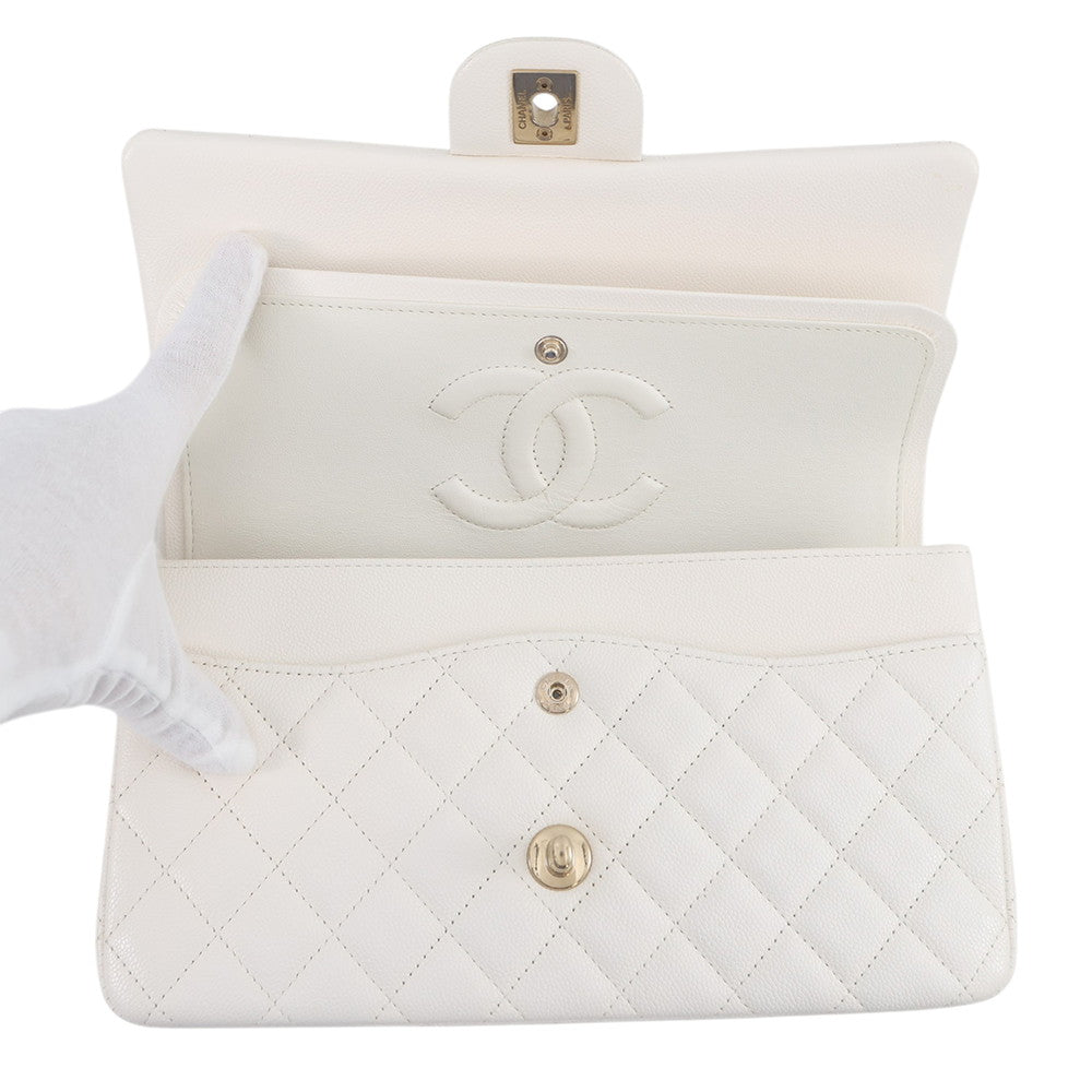 CHANEL Matelasse Double Flap Chain Shoulder Bag WhiteA01112 Caviar Leather Size 25