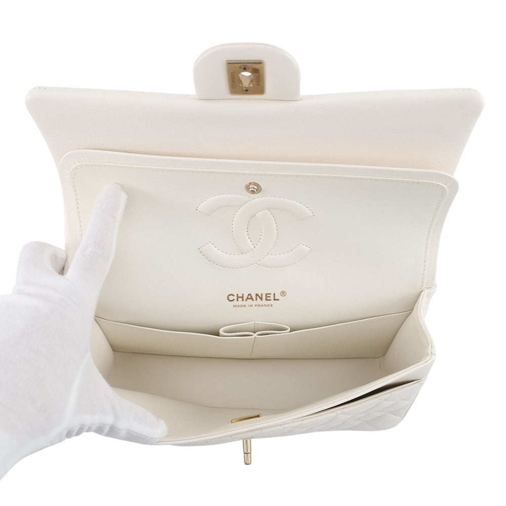 CHANEL Matelasse Double Flap Chain Shoulder Bag WhiteA01112 Caviar Leather Size 25