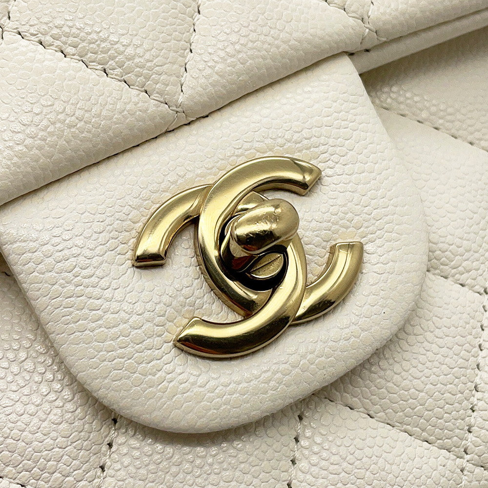 CHANEL Matelasse Double Flap Chain Shoulder Bag WhiteA01112 Caviar Leather Size 25