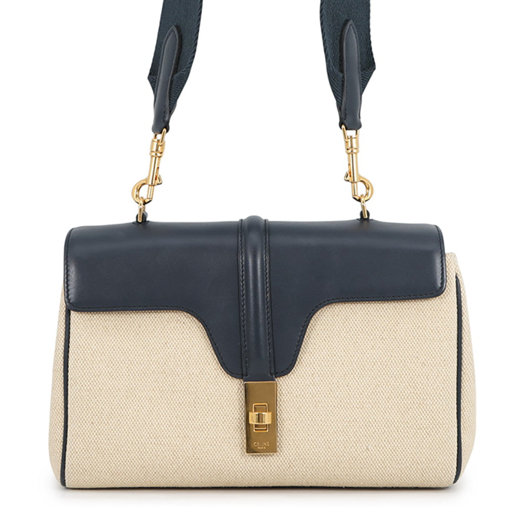 CELINE Teen Soft 16 Shoulder Vanilla/Navy196852 Raffia Calf Leather