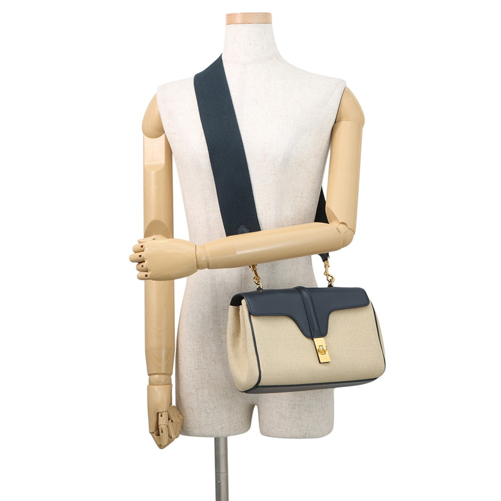 CELINE Teen Soft 16 Shoulder Vanilla/Navy196852 Raffia Calf Leather