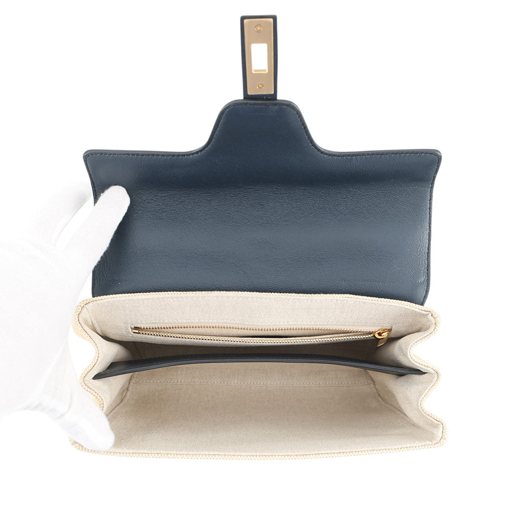 CELINE Teen Soft 16 Shoulder Vanilla/Navy196852 Raffia Calf Leather