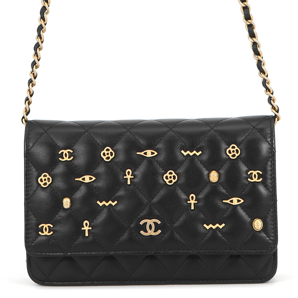 CHANEL Matelasse Egypt Bag Charm Chain Wallet Black Lambskin