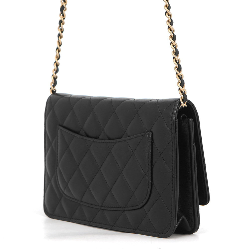 CHANEL Matelasse Egypt Bag Charm Chain Wallet Black Lambskin