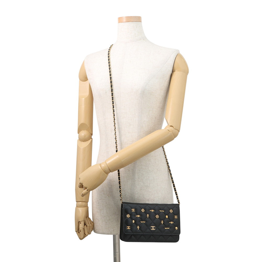 CHANEL Matelasse Egypt Bag Charm Chain Wallet Black Lambskin