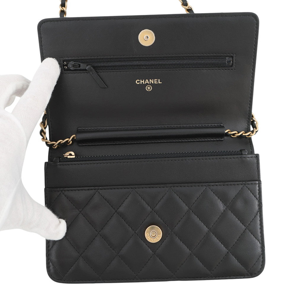 CHANEL Matelasse Egypt Bag Charm Chain Wallet Black Lambskin