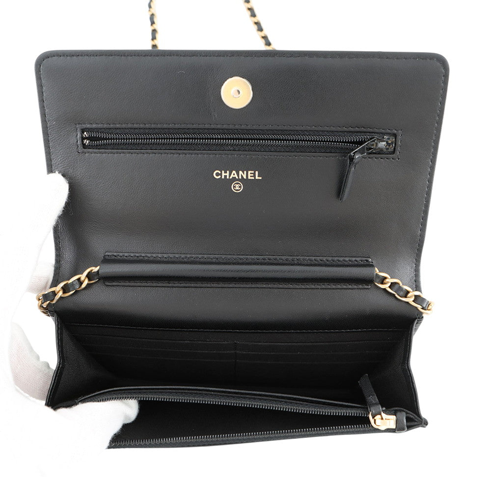 CHANEL Matelasse Egypt Bag Charm Chain Wallet Black Lambskin