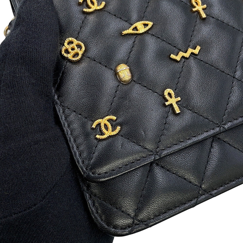 CHANEL Matelasse Egypt Bag Charm Chain Wallet Black Lambskin
