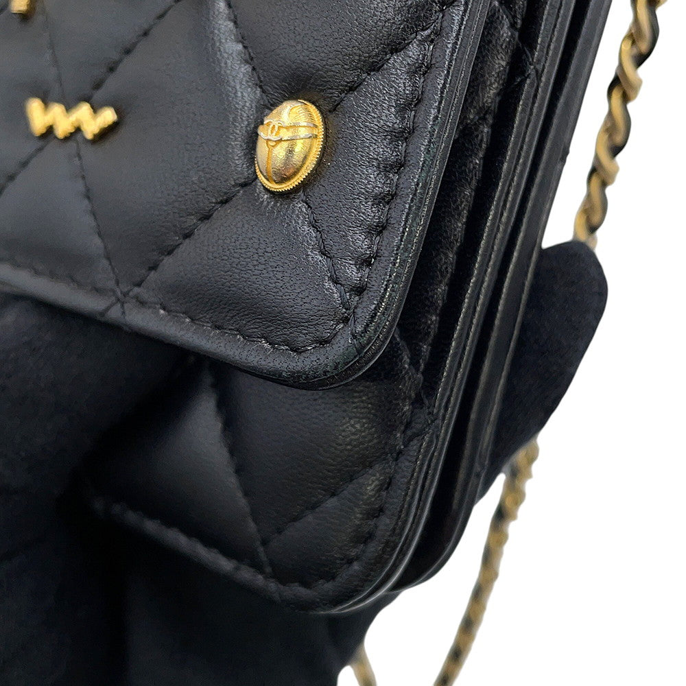 CHANEL Matelasse Egypt Bag Charm Chain Wallet Black Lambskin