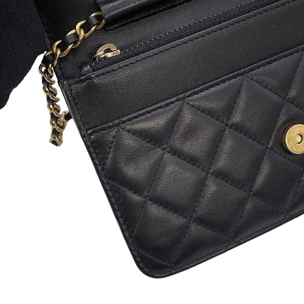 CHANEL Matelasse Egypt Bag Charm Chain Wallet Black Lambskin