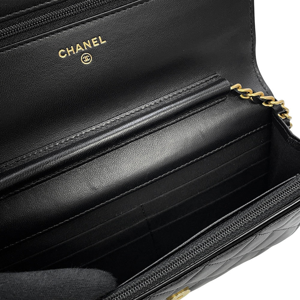 CHANEL Matelasse Egypt Bag Charm Chain Wallet Black Lambskin