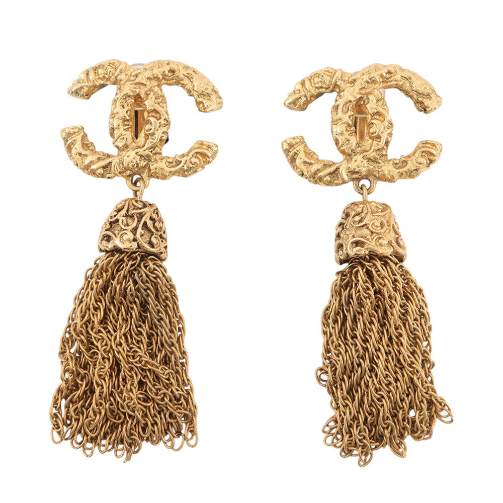 CHANEL Fringe CC Logo Earring Gold Gold Plated
