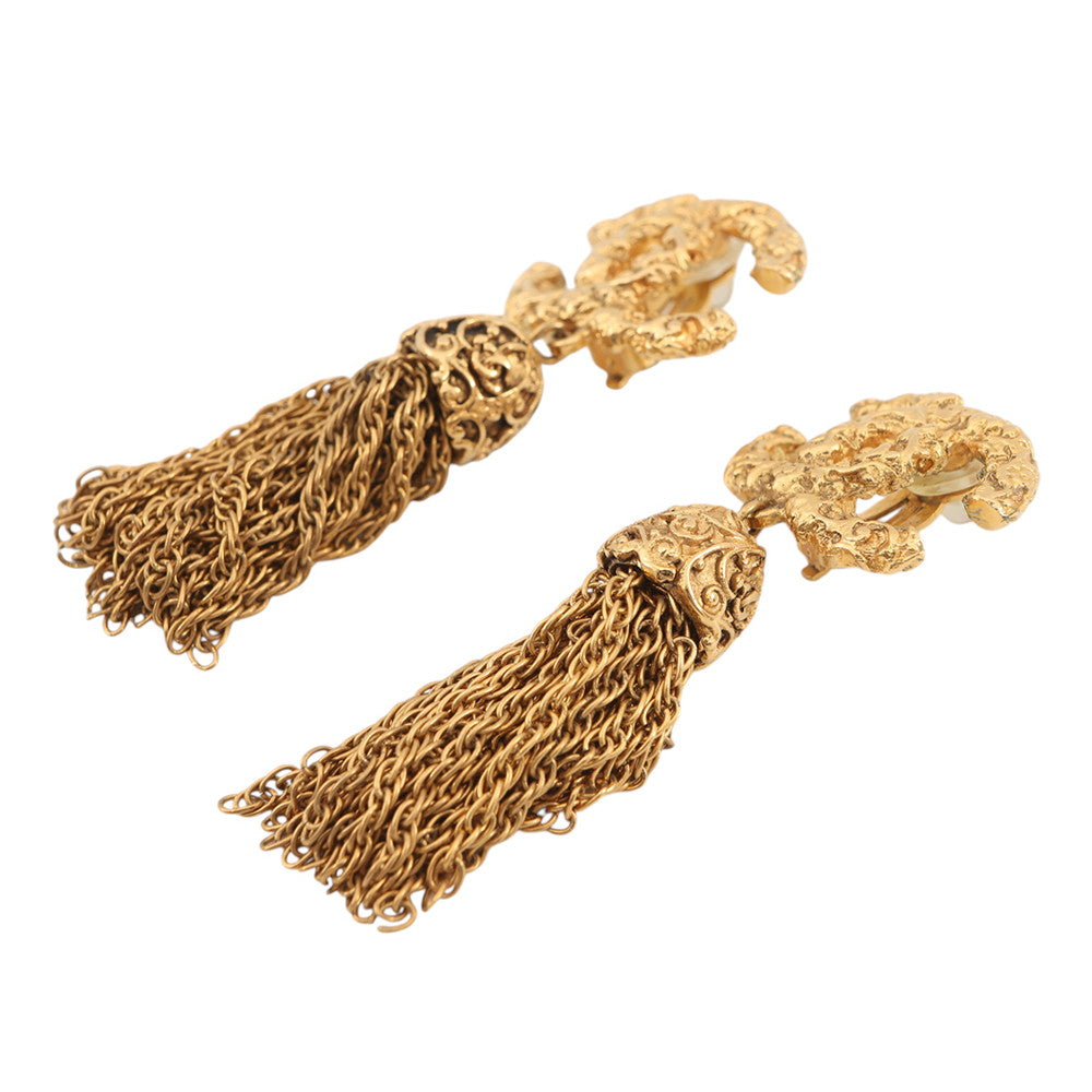 CHANEL Fringe CC Logo Earring Gold Gold Plated