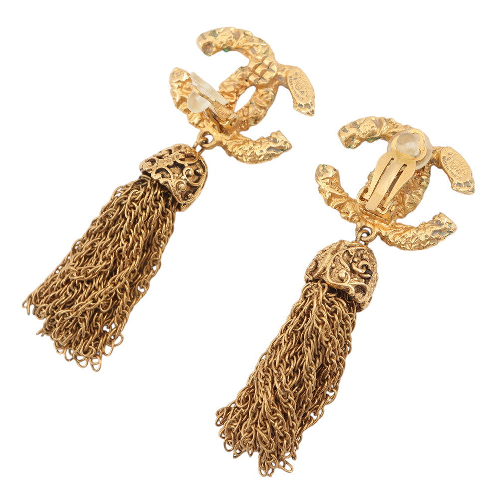 CHANEL Fringe CC Logo Earring Gold Gold Plated