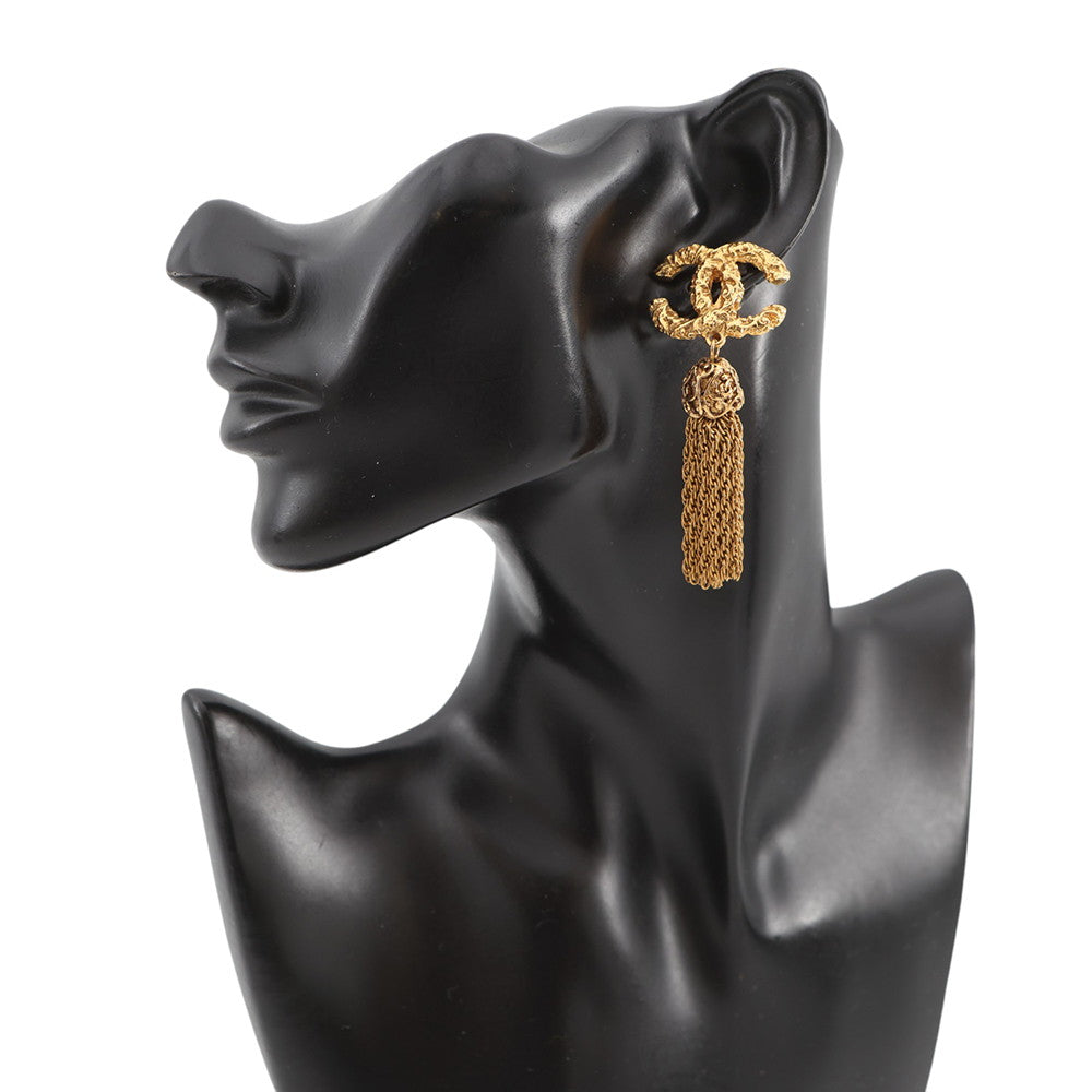CHANEL Fringe CC Logo Earring Gold Gold Plated
