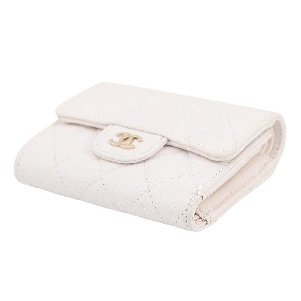 CHANEL Matelasse Timeless Classics Tri-fold Wallet WhiteAP0229 Caviar Leather