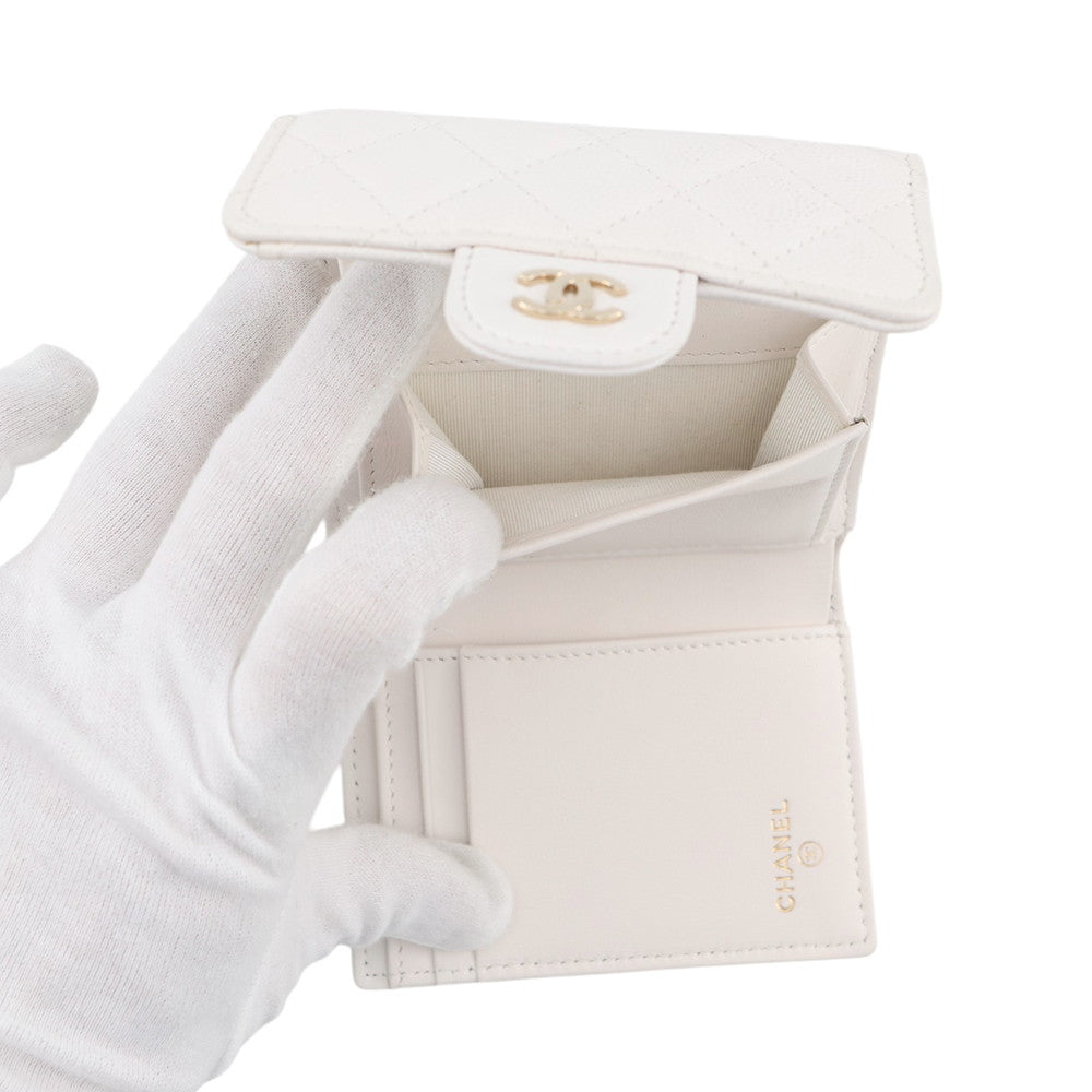 CHANEL Matelasse Timeless Classics Tri-fold Wallet WhiteAP0229 Caviar Leather