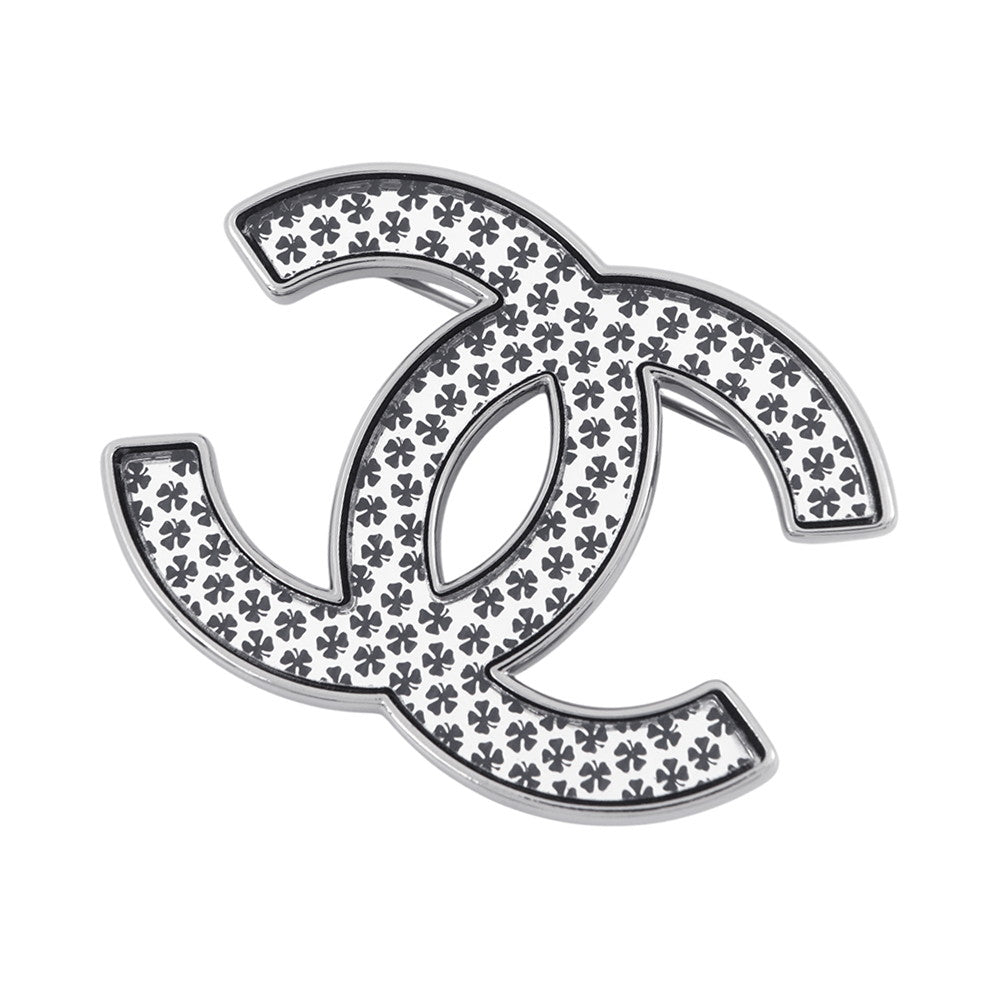 CHANEL Clover Pattern CC Logo Brooch Silver/BlackABD399-B16775-NY365 Metal