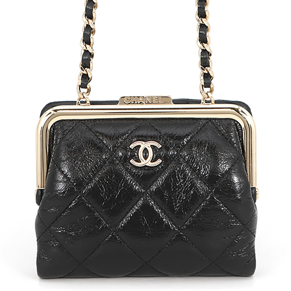CHANEL Matelasse Kiss Lock Chain Wallet Black Leather