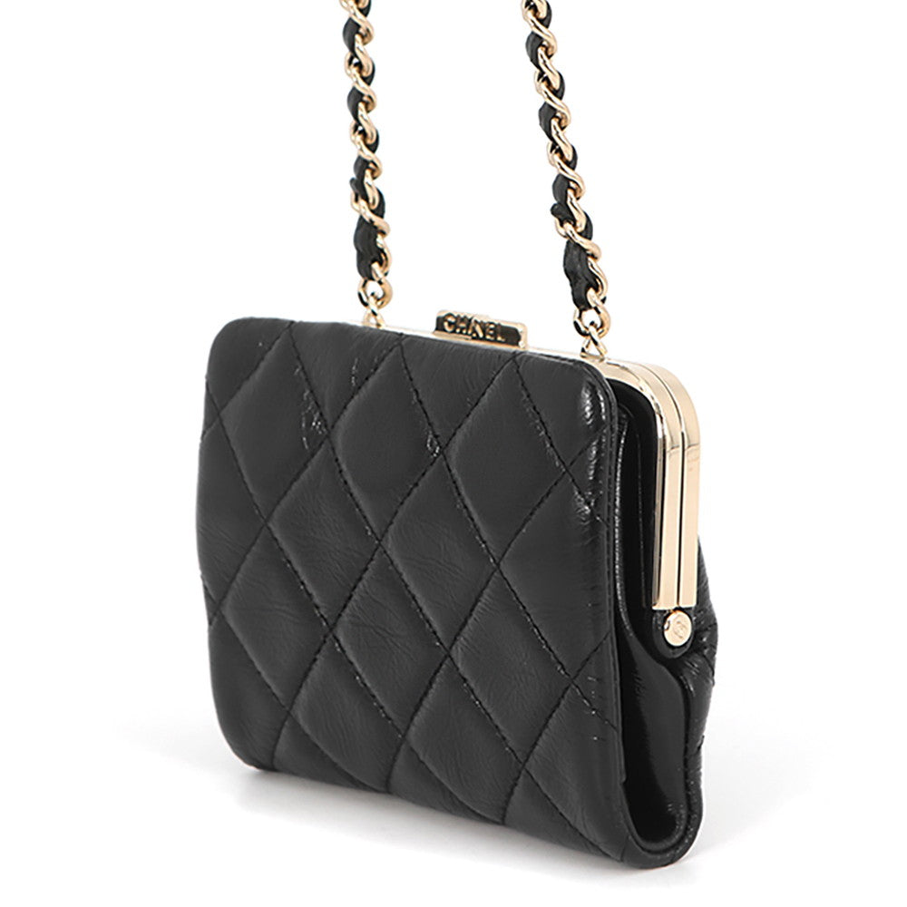 CHANEL Matelasse Kiss Lock Chain Wallet Black Leather