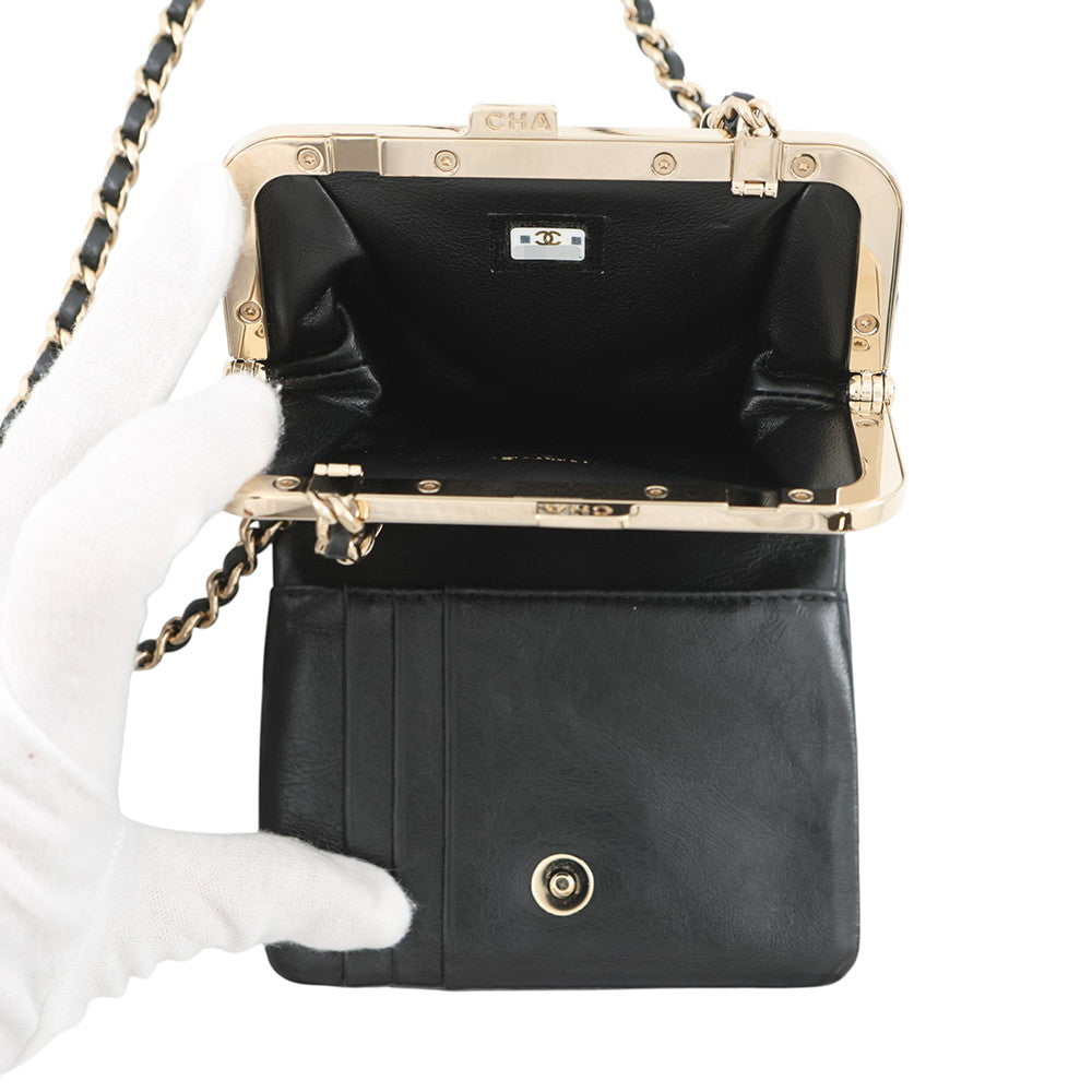 CHANEL Matelasse Kiss Lock Chain Wallet Black Leather